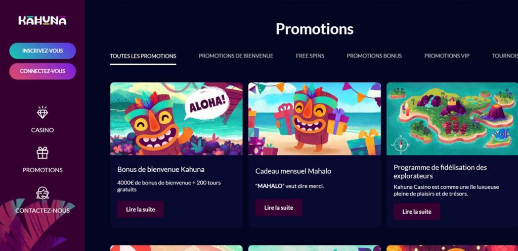 Kahuna Casino 13 Bonus et promotions