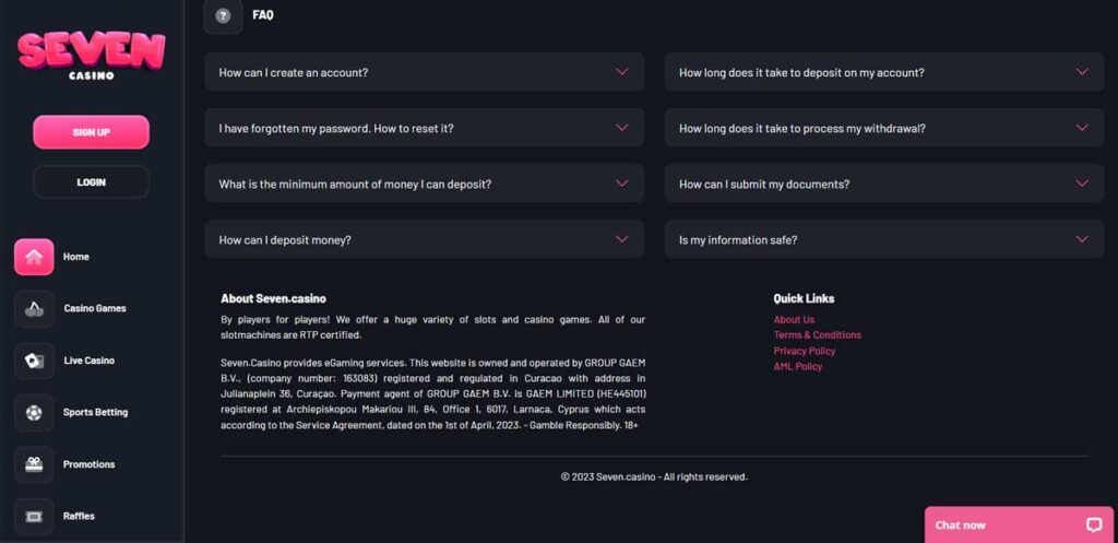 Seven 15 FAQ de casino