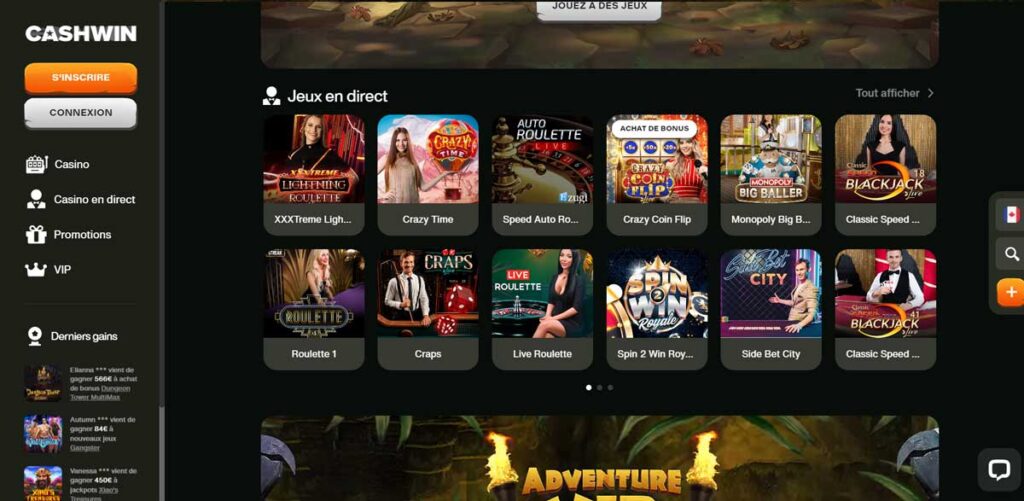 Cashwin Casino 16 Jeux en direct