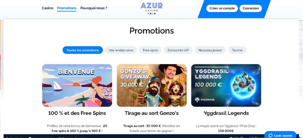 Azur 13 Bonus et promotions