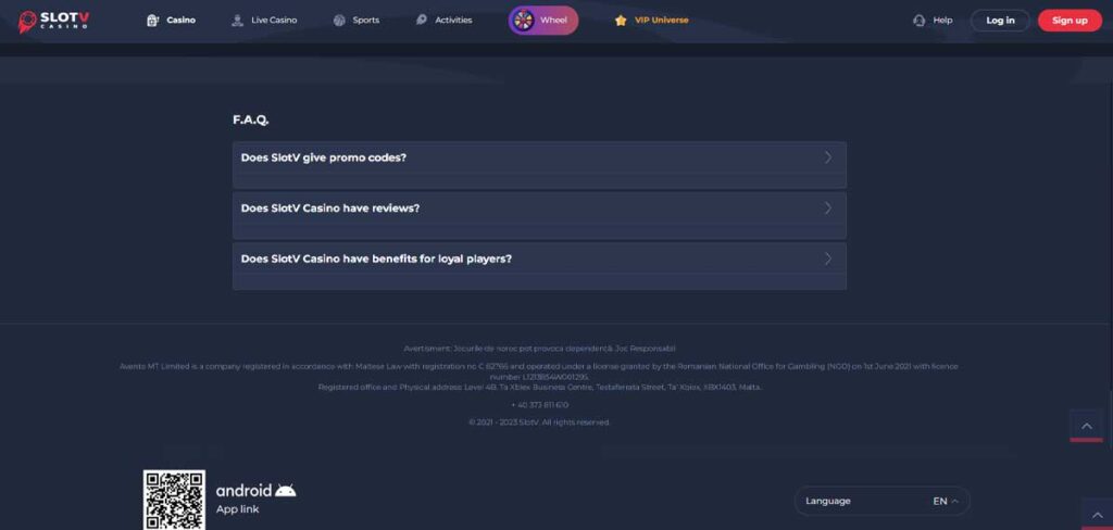SlotV 17 Informations de casino et FAQ