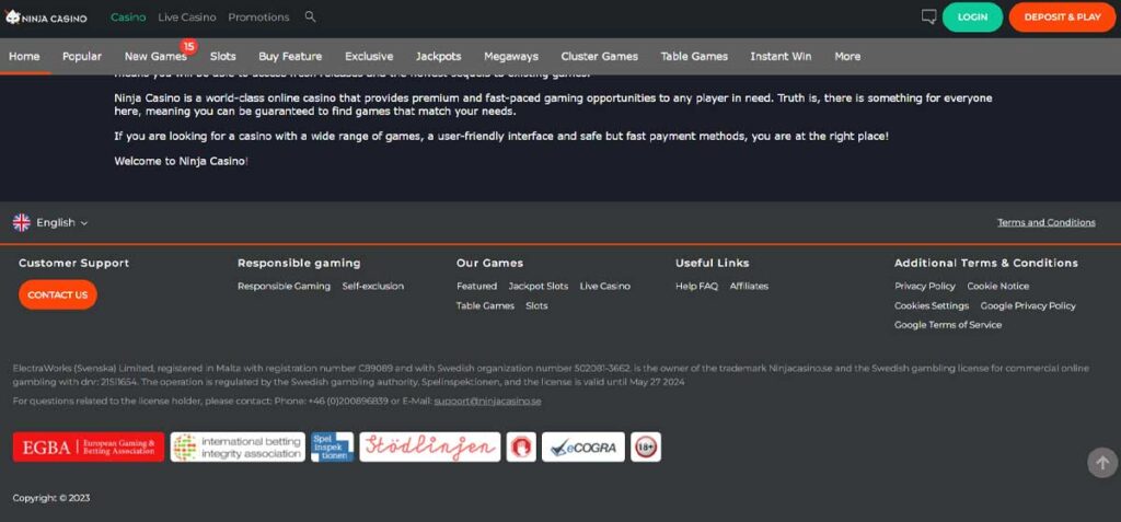 Ninja 15 Informations de casino